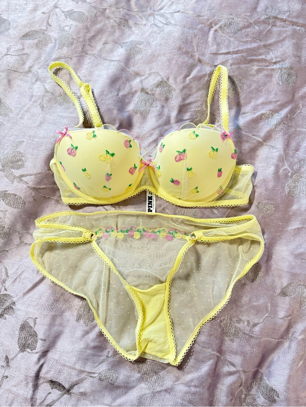 PINK Victoria's Secret Yellow Embroidered Strawberry Underwire Bra & Bikini Set